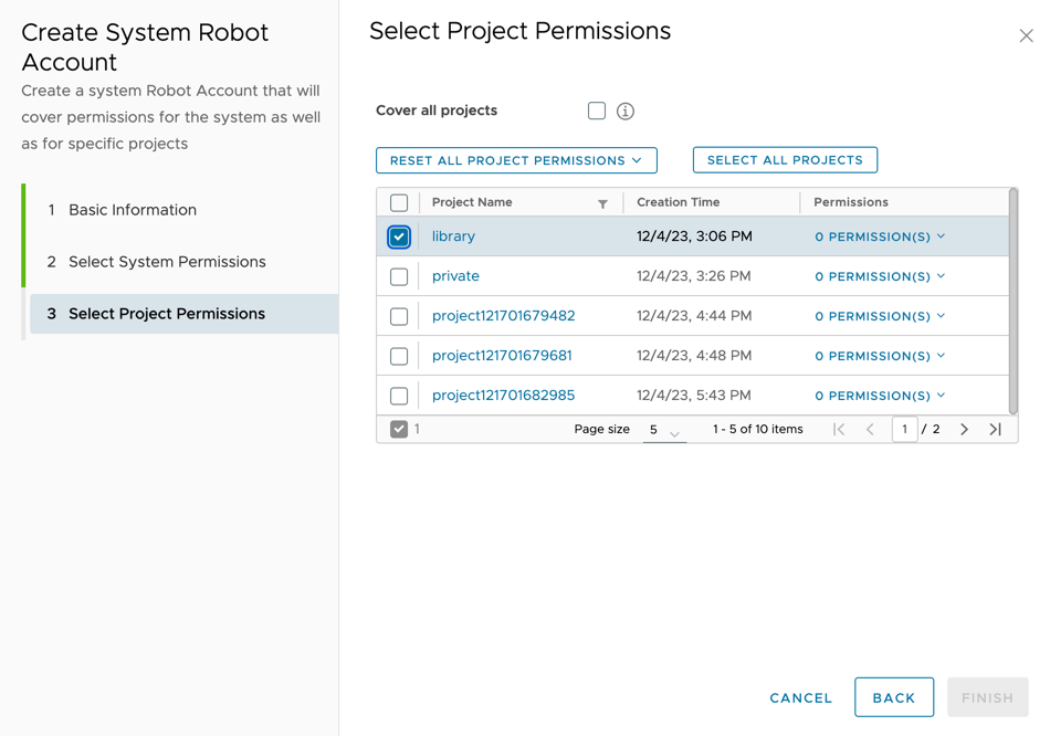 Project table for assigning robot accounts