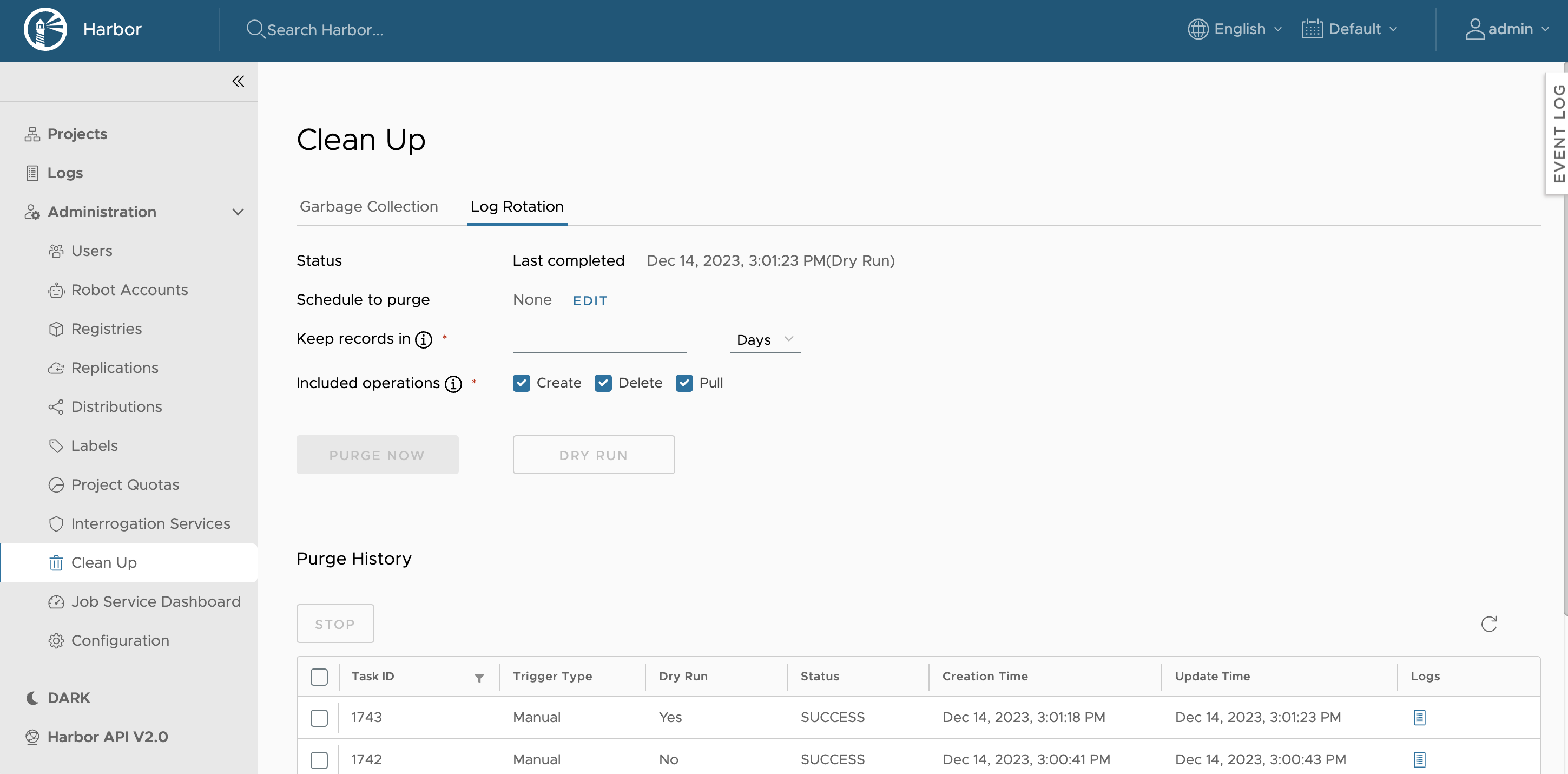 Log rotation page in Harbor interface