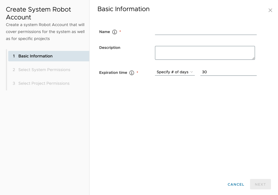 Create system robot account window