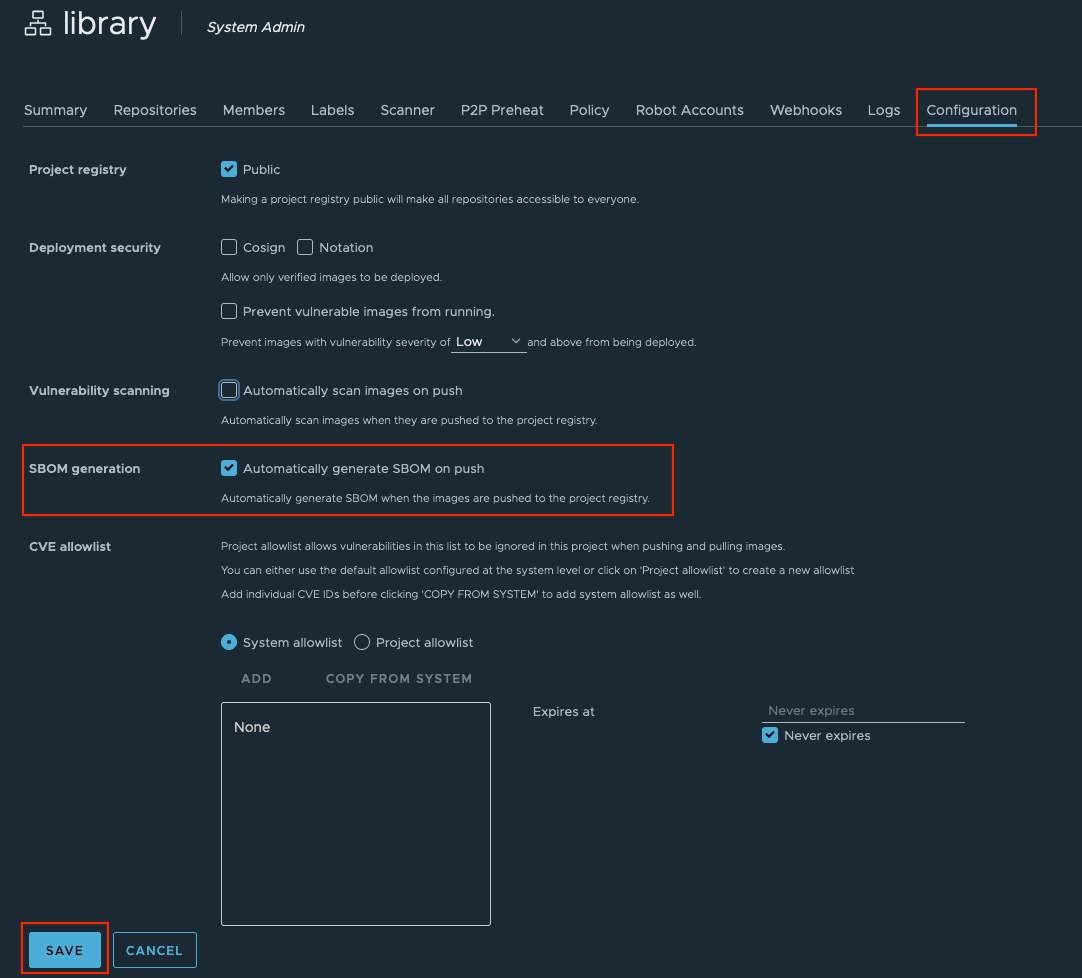 Enable SBOM auto generation configuration