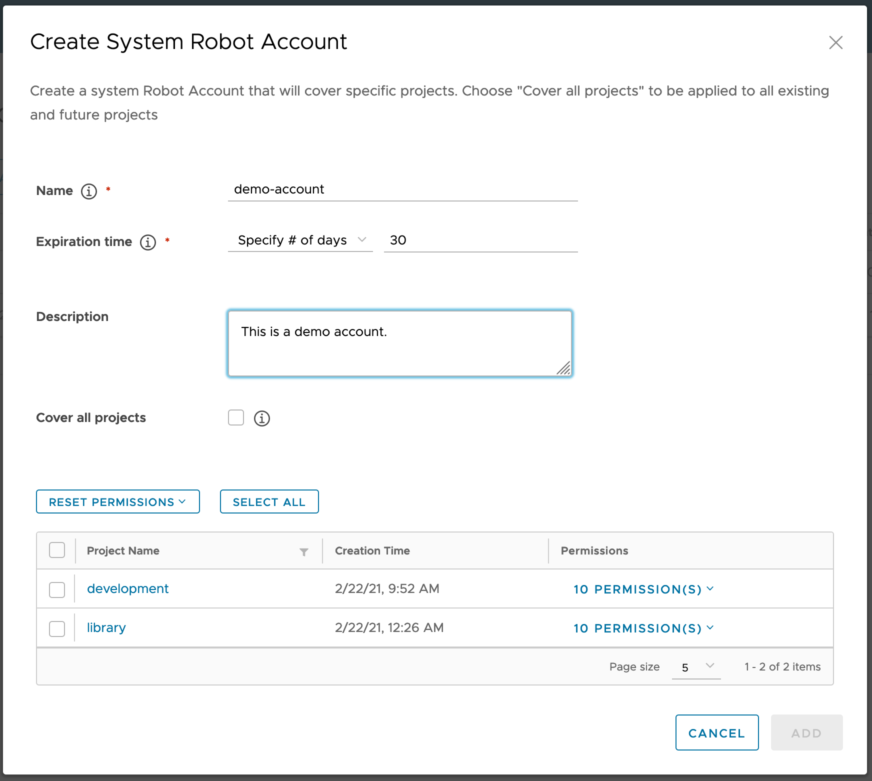 Create system robot account window