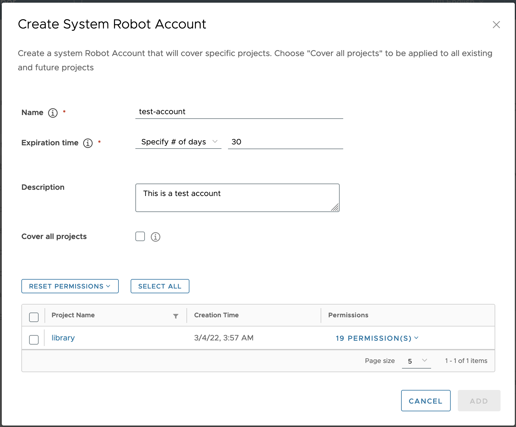 Create system robot account window