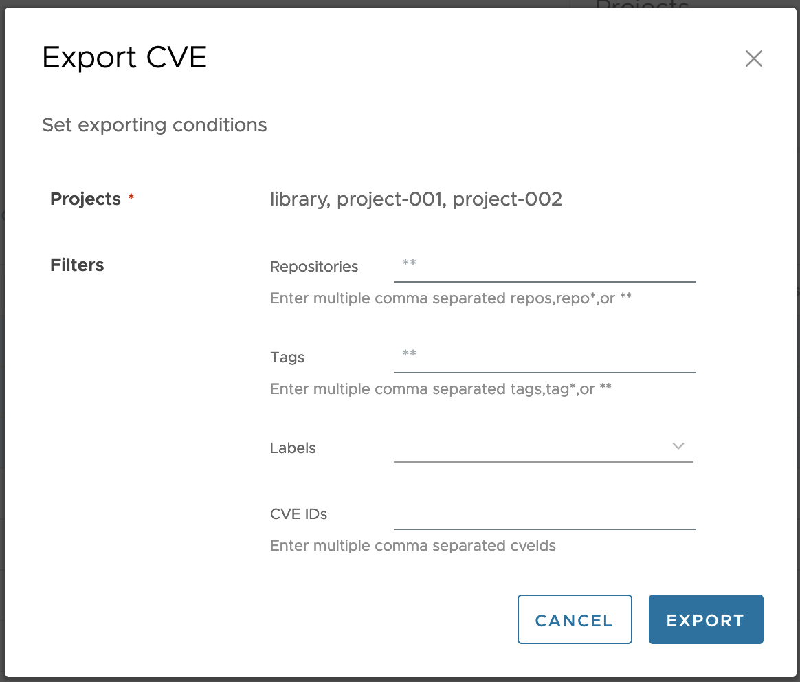 Export CVE filter options