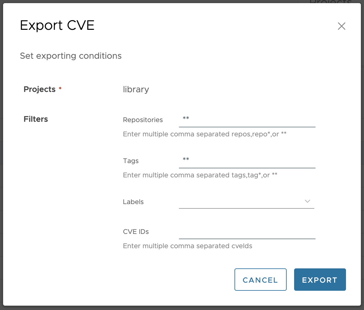 Export CVE filter options
