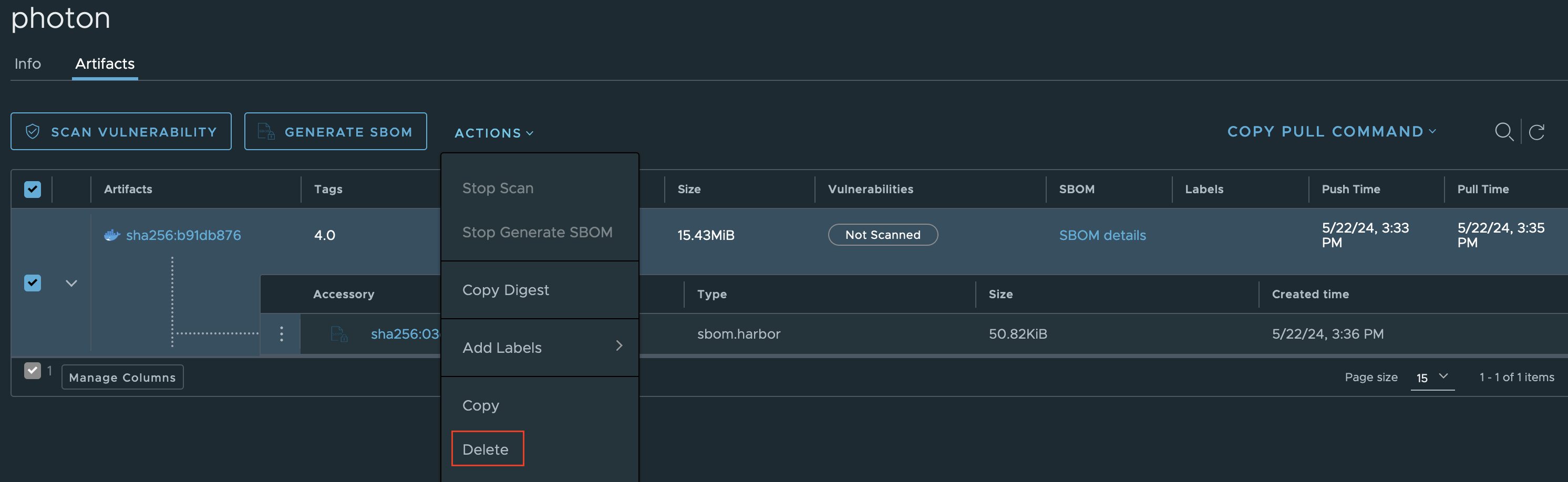 SBOM deletion together with subject artifact